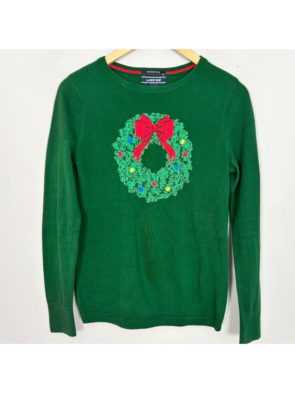 Lands’ End Green Crewneck Sweater Christmas Wreath Size XS (2-4) Women's